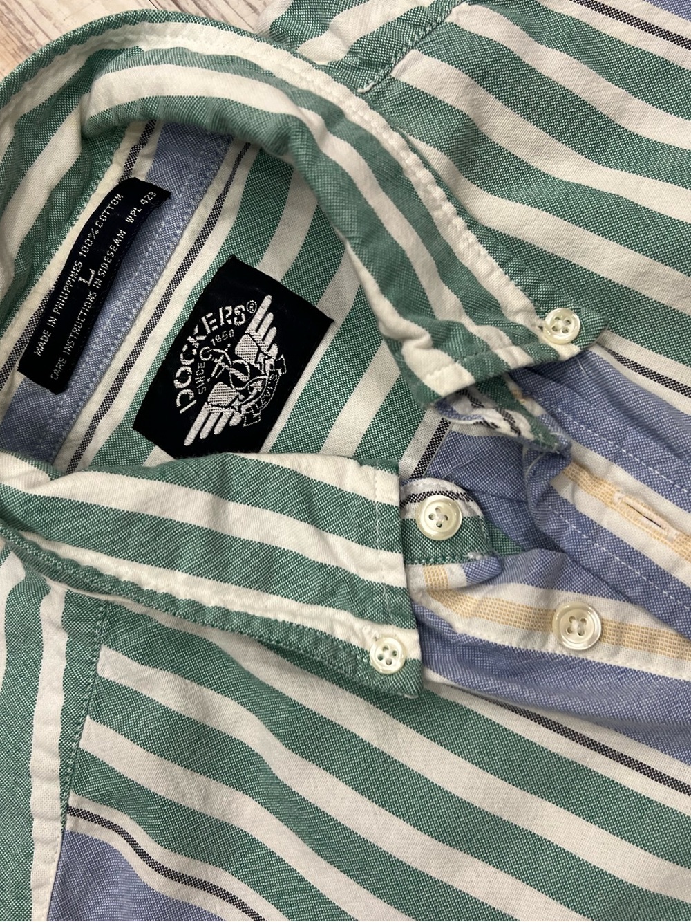 Dockers Green and White Striped Button-Down Shirt with Blue Trim